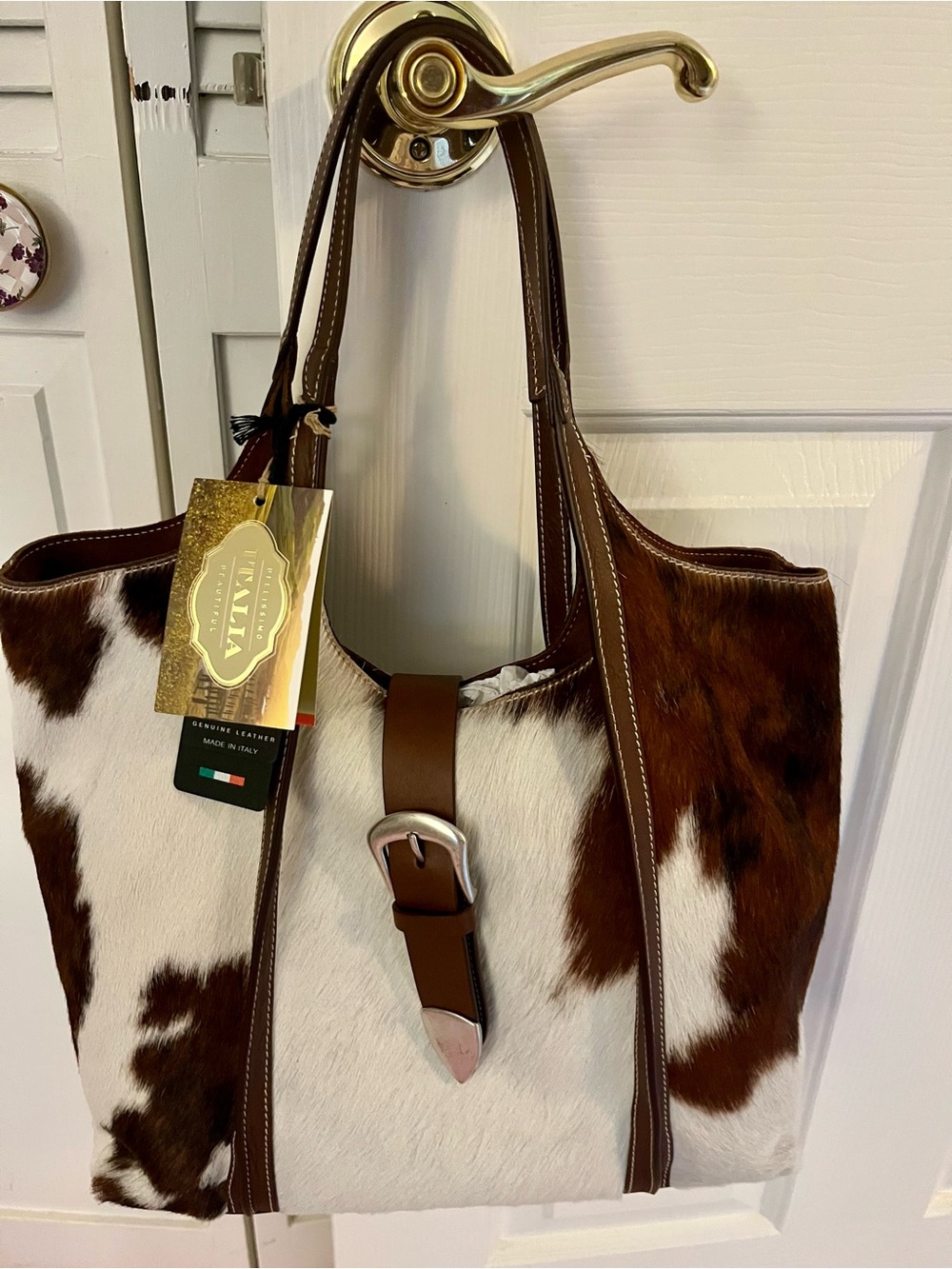 Cavalcanti Brown & White Cowhide Tote with Matching Pouch - Picture 3 of 9